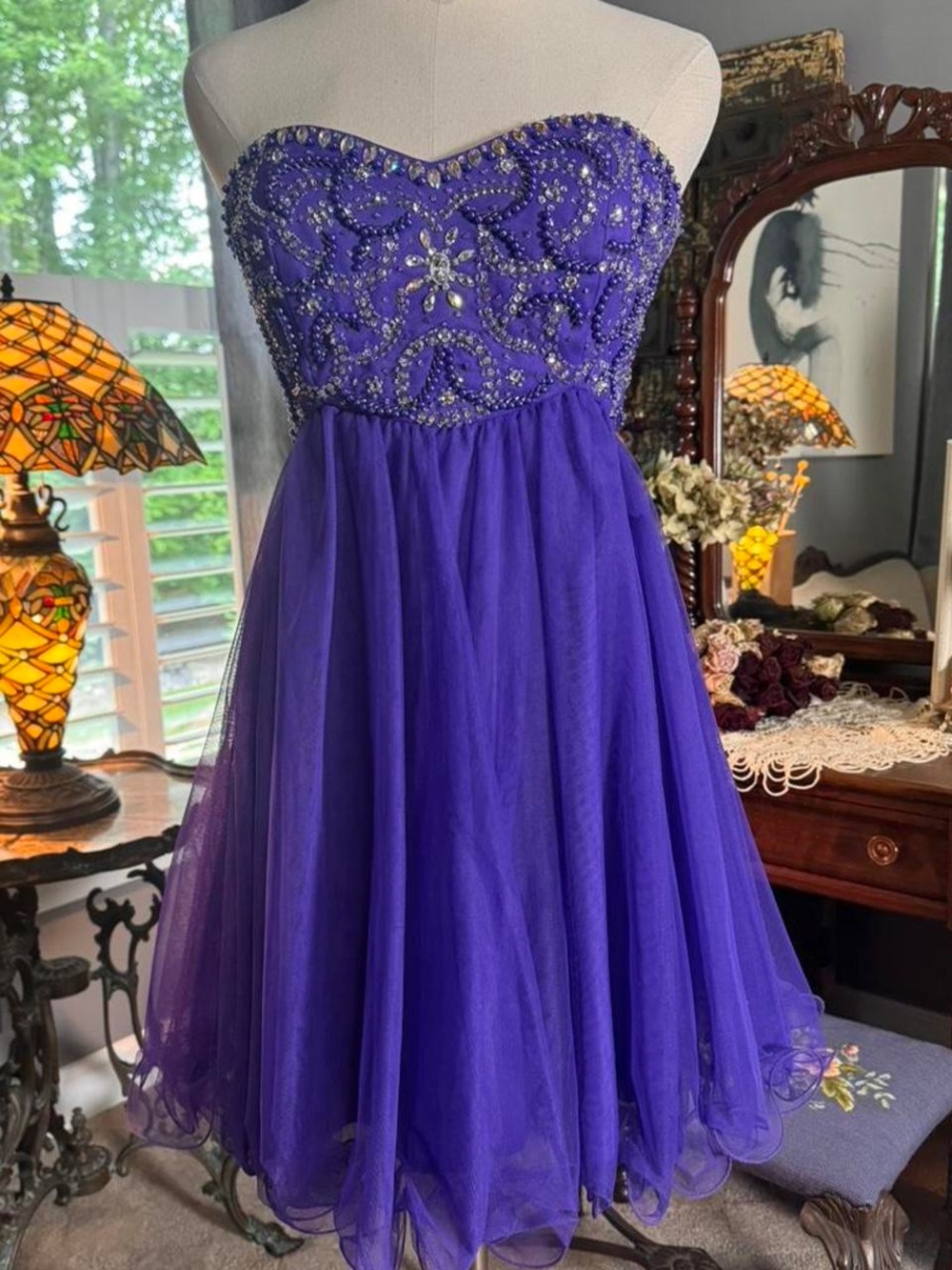 Embellished Strapless Purple Tulle Maxi Dress